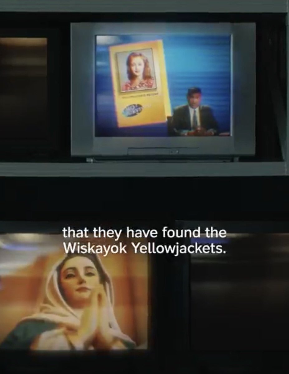queermediabait's tweet photo. using jackie taylor’s photo to announce the yellowjackets’ rescue… the saint on the tv underneath… shauna saying “i like the saints, they were all so tragic”… jackieshauna nation ARE WE READY FOR NOV 20 https://t.co/gosQb40cQ9