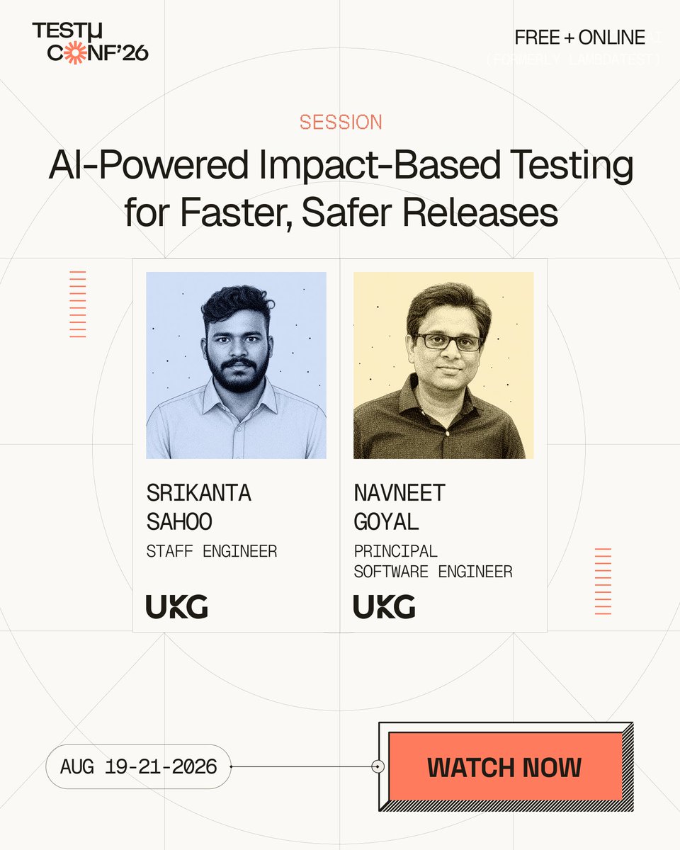 testmuai's tweet photo. Why run the whole suite when only a slice touches your change?
Join Srikanta Kumar Sahoo, Staff Engineer at UKG, and Navneet Goyal, Principal Software Engineer at UKG, as they talk about AI-powered, impact-based testing for faster, safer releases at #TestMuConf 2026 ๐ https://t.co/74915FBr8k.