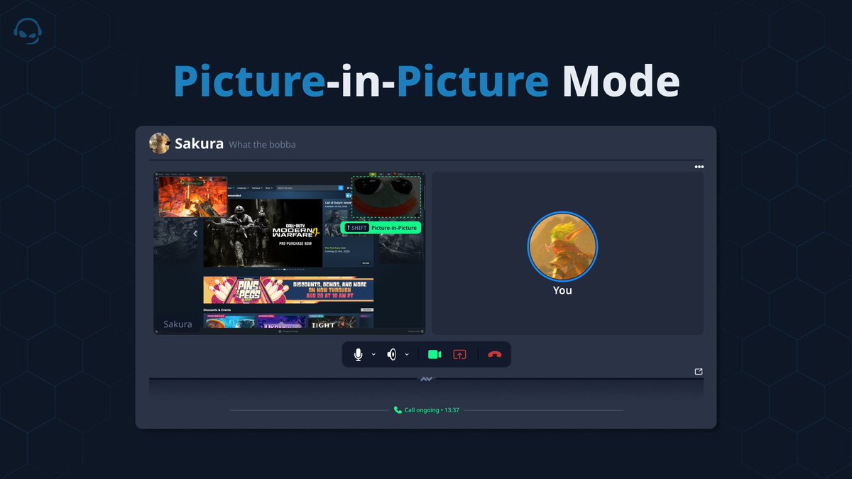 teamspeak's tweet photo. Direct Calls + Picture-in-Picture

Drag up to 4 screenshares or cameras into any corner of another stream or camera.

Arrange your view however you like. https://t.co/fdLzhKBc17