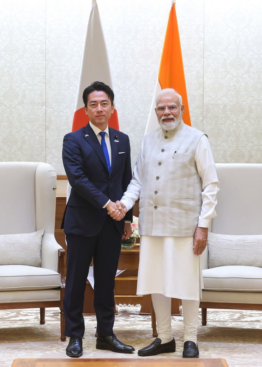 narendramodi's tweet photo. Pleased to receive Defence Minister of Japan Shinjiro Koizumi. Had an excellent conversation on deepening defence and security ties between India and Japan. Our Special Strategic and Global Partnership is an important anchor for peace, stability and prosperity in the Indo-Pacific and beyond. 

@shinjirokoiz