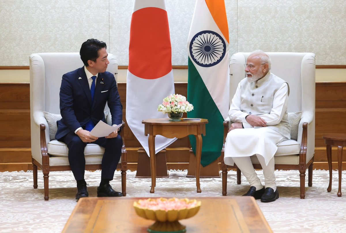 narendramodi's tweet photo. Pleased to receive Defence Minister of Japan Shinjiro Koizumi. Had an excellent conversation on deepening defence and security ties between India and Japan. Our Special Strategic and Global Partnership is an important anchor for peace, stability and prosperity in the Indo-Pacific and beyond. 

@shinjirokoiz