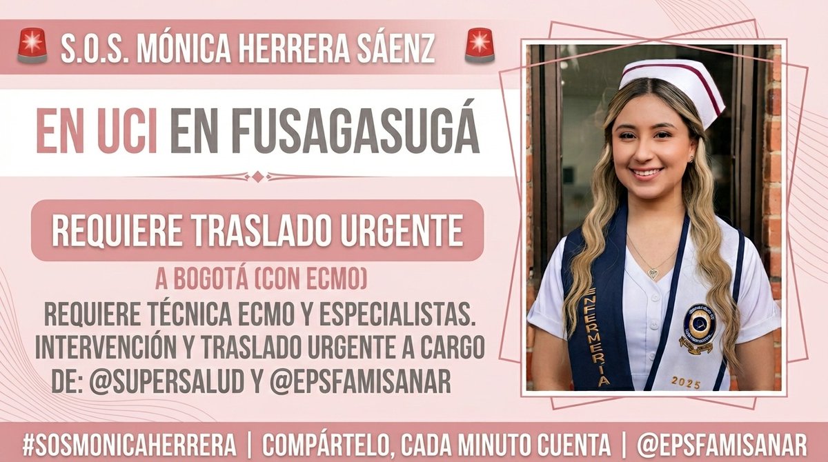 pradasaraca's tweet photo. Mi prima Mónica Alexandra Herrera Sáenz tiene 28 años y trabaja en salud.

Hoy está en la UCI de la Clínica Belén, en Fusagasugá, en estado crítico.

Dedica su vida a cuidar pacientes pero hoy el sistema no consigue cuidarla a ella. 🧵 https://t.co/7nvCxgOGZj