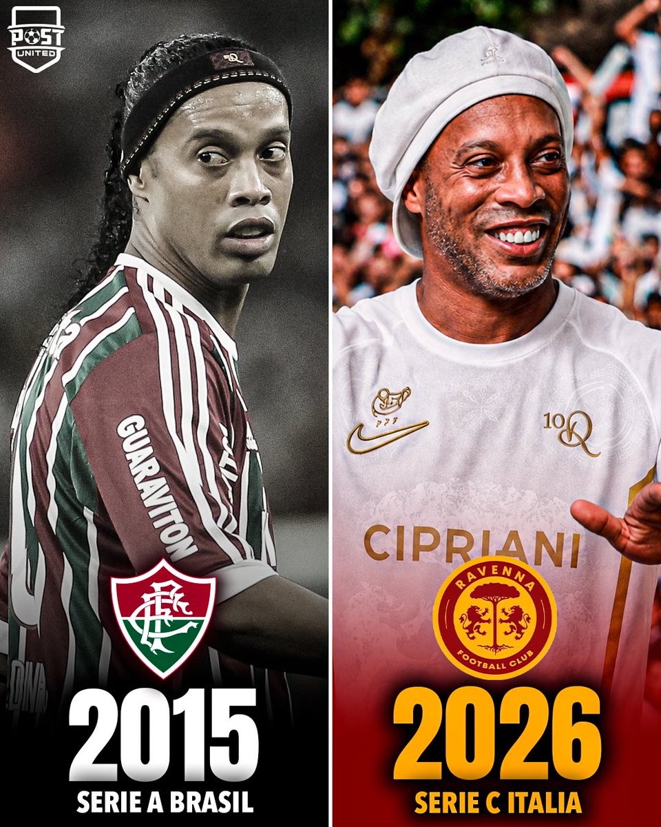 postunited's tweet photo. 🇧🇷😎 EL JOGA BONITO NO MURIÓ, ESTA DE VUELTA

😳✅ Ronaldinho sale del retiro y jugará en la tercera división italiana con el Ravenna a los 46 años 🇮🇹 https://t.co/iUpQdwytmP