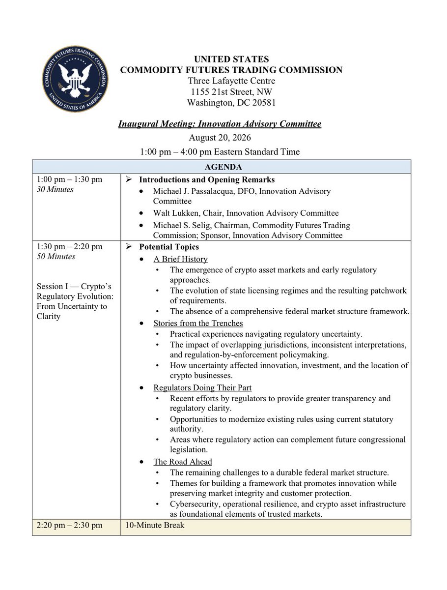 EleanorTerrett's tweet photo. This afternoon at 1:00 PM ET, the @CFTC will kick off the inaugural meeting of its Innovation Advisory Committee to discuss crypto, AI and prediction markets. 

Many of the executives who attended yesterday’s White House event will be there, including additional leaders from across crypto, traditional finance, academia and prediction markets.