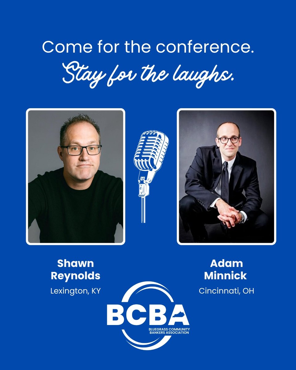 BCBA_KY's tweet photo. Come for the conference. Stay for the laughs.

Join us for an evening of entertainment featuring:
🎤 Shawn Reynolds — Lexington, KY
🎤 Adam Minnick — Cincinnati, OH

Trust us—you won’t want to miss Monday night! https://t.co/AlOS4w6np4