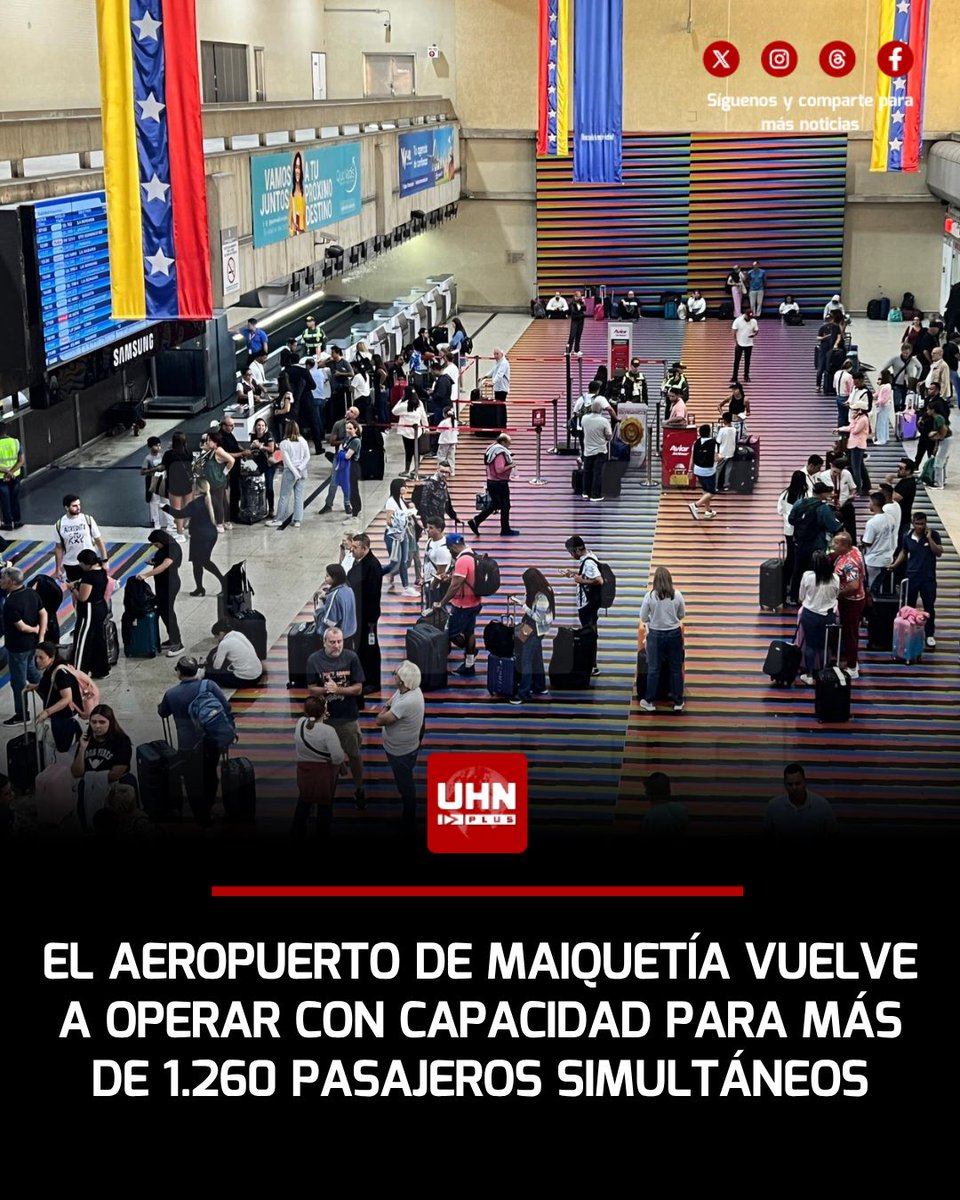 UHN_Plus's tweet photo. 🇻🇪‼️ | El Aeropuerto Internacional de Maiquetía reinicia oficialmente sus operaciones comerciales este 24 de agosto, tras superar con éxito su fase de pruebas piloto. La terminal cuenta ahora con cuatro áreas independientes —dos de salidas y dos de llegadas— que separan el tránsito nacional del internacional: salidas internacionales con 4.300 m² y capacidad para 780 pasajeros, salidas nacionales con 3.300 m² y capacidad para 480, y una zona de llegadas de 2.550 m² más un área adicional de 1.000 m² para acompañantes. Las nuevas instalaciones ofrecen aire acondicionado, Wi-Fi gratuito, estaciones de carga, atención médica, rampas de accesibilidad y transporte de mascotas conforme a la normativa vigente. La pista 10 Derecha fue reacondicionada integralmente y el aeropuerto podrá atender a más de 1.260 pasajeros de forma simultánea.