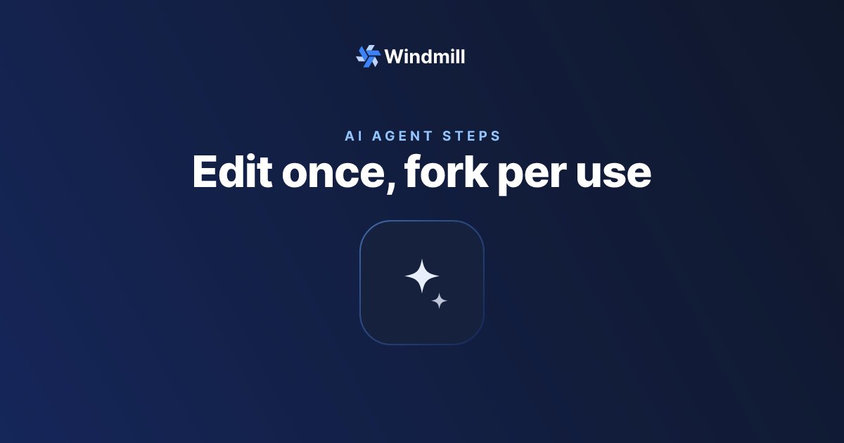 WindmillDev's tweet photo. Define an AI agent step once, reuse it across your flows. Model, system prompt and tools live in one resource. Edit it and the change propagates to every linked flow. When one flow needs a variant, unlink to fork a one-off. Shipped in v1.774.0.

https://t.co/HZZIHCRTAR https://t.co/GKs90uuqYc
