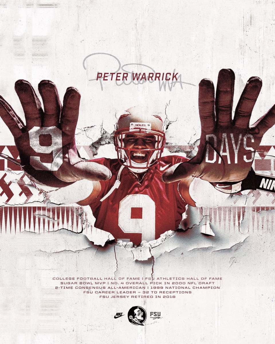 FSUFootball's tweet photo. 9️⃣ Days to Kickoff: 𝗣𝗲𝘁𝗲𝗿 𝗪𝗮𝗿𝗿𝗶𝗰𝗸

🍢 1998 Consensus All-American
🍢 1999 National Champion &amp; Unanimous All-American
🍢 2010 FSU Hall of Fame
🍢 2026 College Football Hall of Fame
🍢 3x All-ACC First Team

#NoleFamily https://t.co/onde4p4HBK