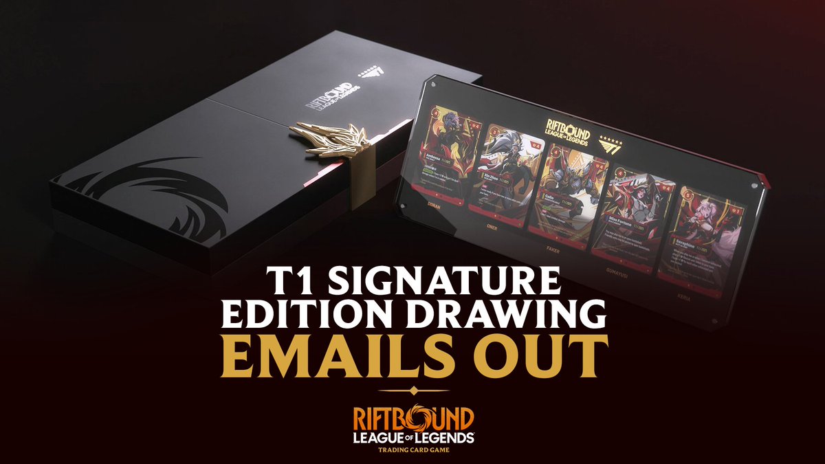playriftbound's tweet photo. Emails for those selected in the T1 2025 Worlds Champion Signature Edition drawing have gone out today!

Check your inbox or spam folder for an email from support@riotgames.com. Please watch out for impersonators and only trust emails from the official address above. https://t.co/lbKDK3R2kq