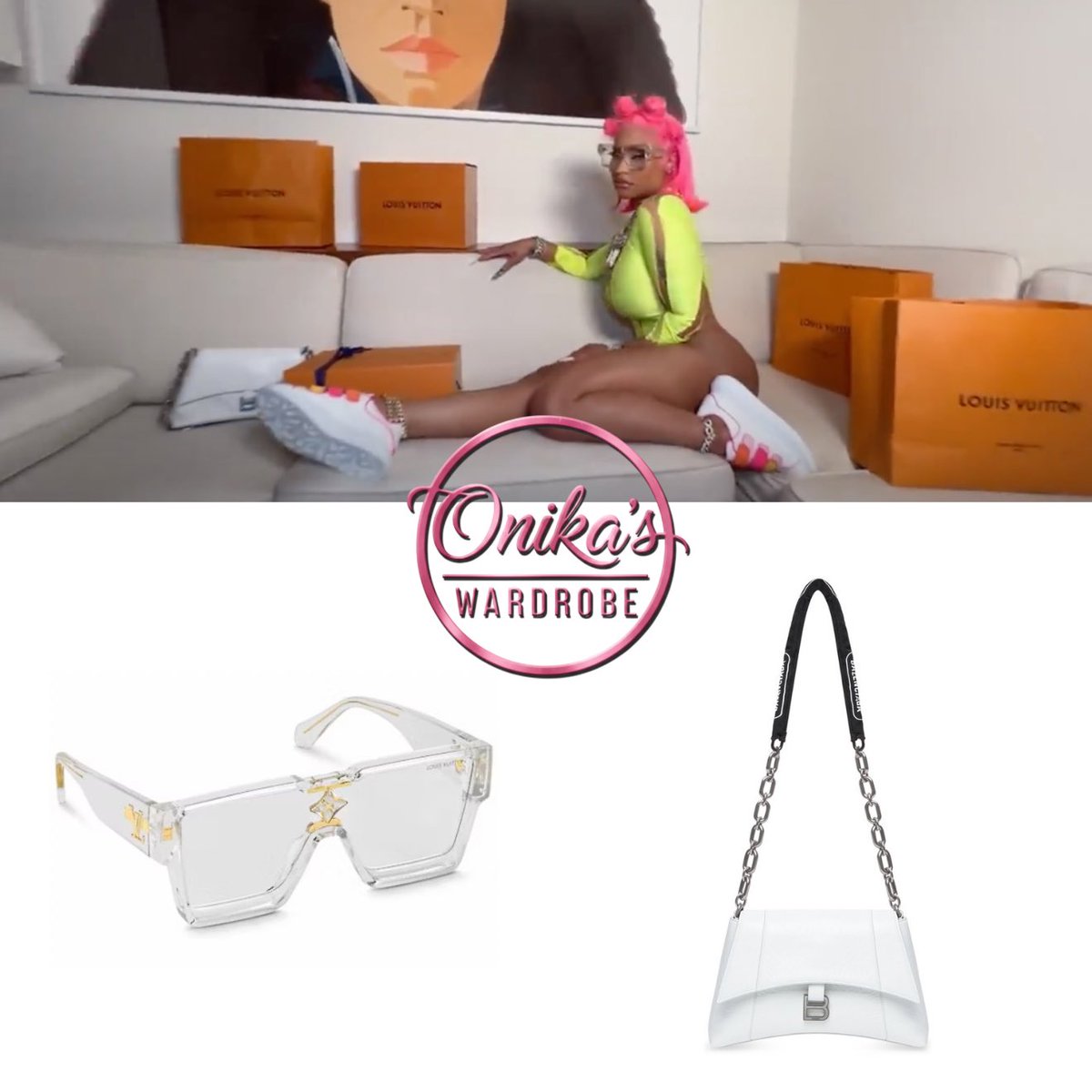 onikaswardrobe's tweet photo. We Go Up (2022)

Nicki Minaj wearing Louis Vuitton cyclone sunglasses (sold out) + Mugler neon bodysuit ($700) + Alexander McQueen triple strap sneakers ($790) and a Balenciaga downtown shoulder bag ($2,450)
 #nickiminaj #fashion #style #Balenciaga #Mugler #AlexanderMcQueen https://t.co/0BmdkCwuuM