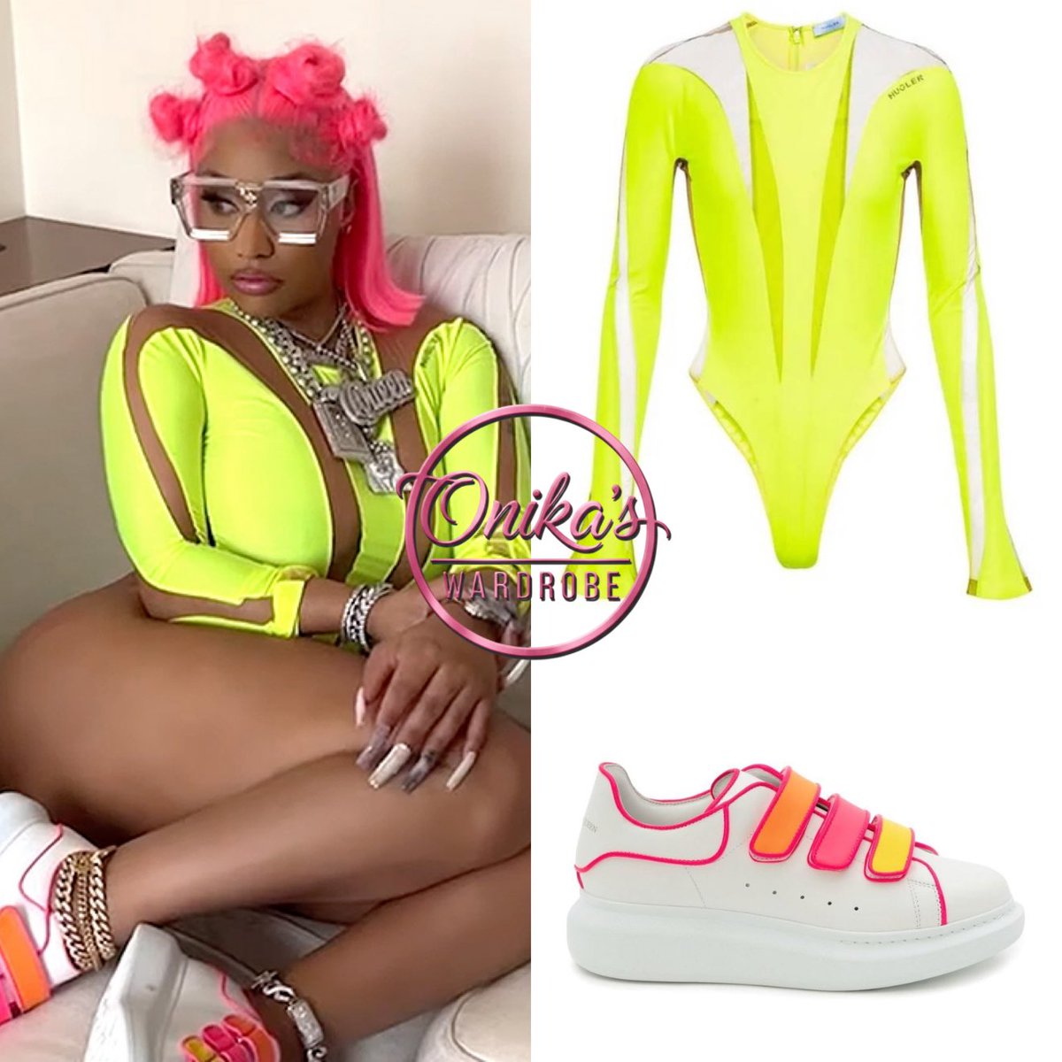 onikaswardrobe's tweet photo. We Go Up (2022)

Nicki Minaj wearing Louis Vuitton cyclone sunglasses (sold out) + Mugler neon bodysuit ($700) + Alexander McQueen triple strap sneakers ($790) and a Balenciaga downtown shoulder bag ($2,450)
 #nickiminaj #fashion #style #Balenciaga #Mugler #AlexanderMcQueen https://t.co/0BmdkCwuuM