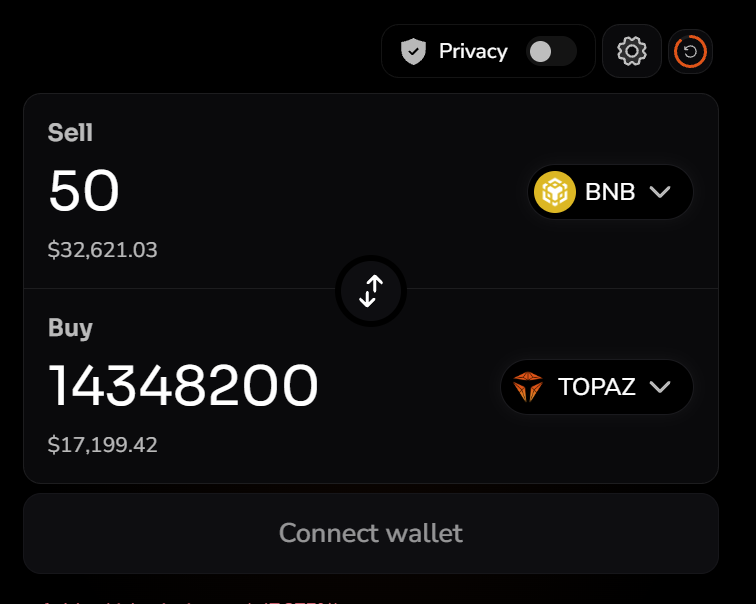 AaronShames's tweet photo. Day 12 of posting one reason to buy TOPAZ until it hits $0.05.

Because TOPAZ is set up for a supply shock.

89.5% is locked. Just 78.6M TOPAZ remains unlocked.

I quoted a 50 BNB buy (~$32K). It returns 14.3M TOPAZ—equal to roughly 18.2% of the unlocked supply. https://t.co/2o2WqTv0kp