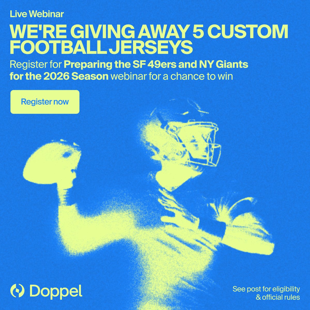 DoppelHQ's tweet photo. You could be wearing your own custom football jersey this season. 🏈

We’re giving away five $250 Mastercard gift cards to cover the purchase and shipping of a standard Home or Away football jersey from https://t.co/4orZZBWnW3. 🏈 To enter, eligible participants must:

- Like this post
- Comment and tag a fellow security or IT professional
- Include #DoppelSweepstakes in your comment
- Join us live on August 25 at 10:00 AM PT / 1:00 PM ET for our webinar: Preparing the SF 49ers and NY Giants for the 2026 Season: Defending Against AI-Powered Social Engineering

The webinar features Christina Morillo, Costa Kladianos, and Bobby Ford, who’ll explore how AI is changing impersonation, phishing, deepfake, and fraud risks across professional sports and what organizations can do to strengthen their defenses before kickoff.

Register here: https://t.co/kPWamYAw6F

And click the link below for the Official Rules.