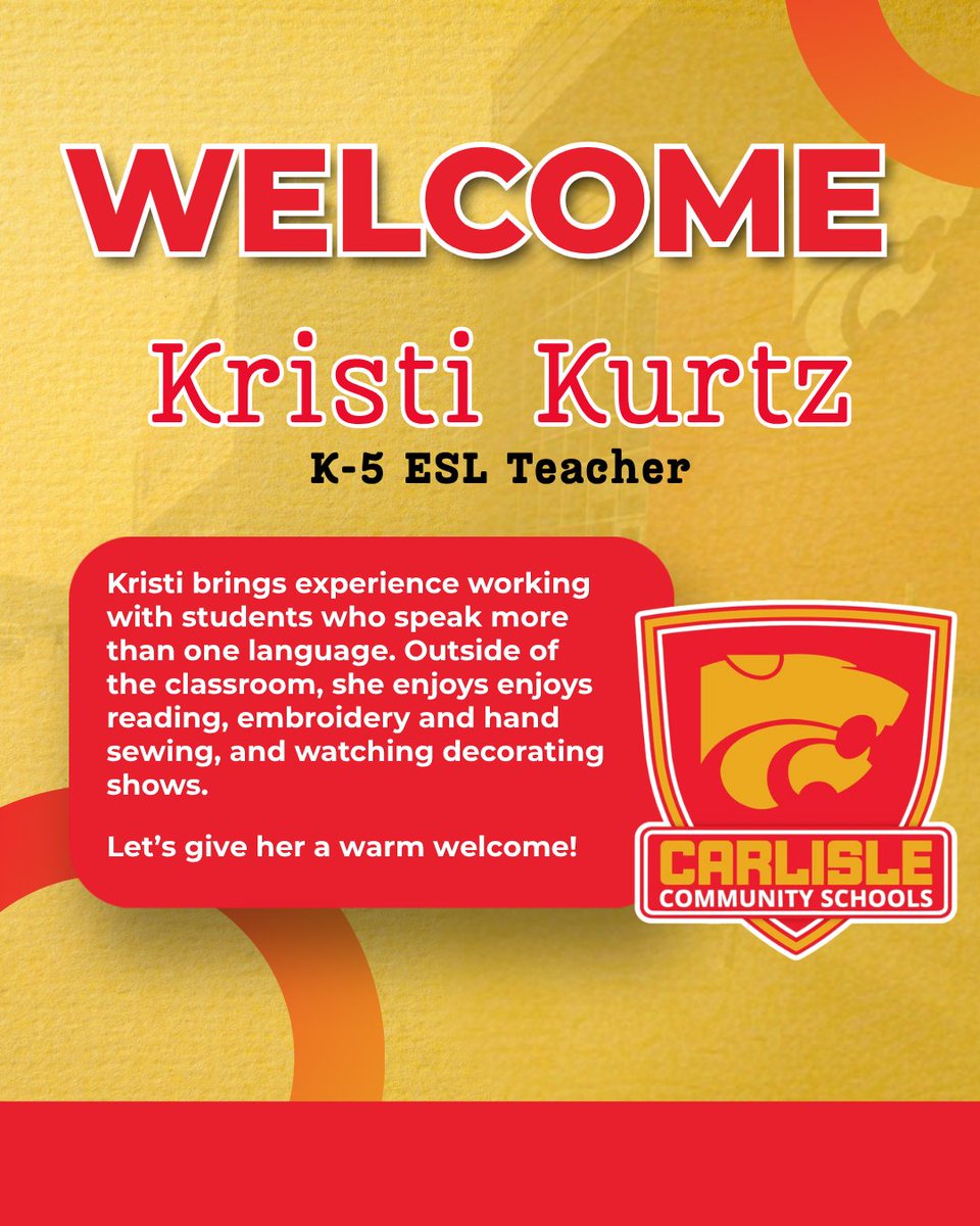 carlisle_csd's tweet photo. We’re pleased to welcome Kristi Kurtz as our new K-5 ESL teacher! ❤️

Kristi brings experience working with students who speak more than one language, both in Iowa school districts and internationally in the Philippines.

We are glad to have her on our team! ⭐️ https://t.co/3yXZKD9cNM