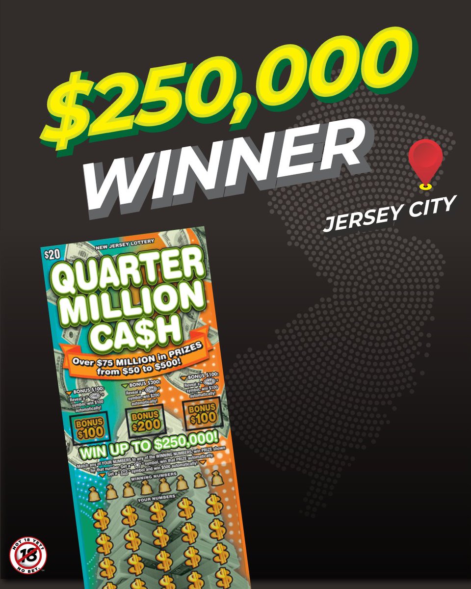 NJLottery's tweet photo. $250,000 WIN! One fortunate Scratch-Offs player scored a top prize on a $20 Quarter Million Ca$h Scratch-Offs ticket purchased at State News on Kennedy Boulevard in Jersey City!💰Which game are YOU playing? For Scratch-Offs game odds, visit https://t.co/V4cdfz4LKj. https://t.co/rue459PzPS