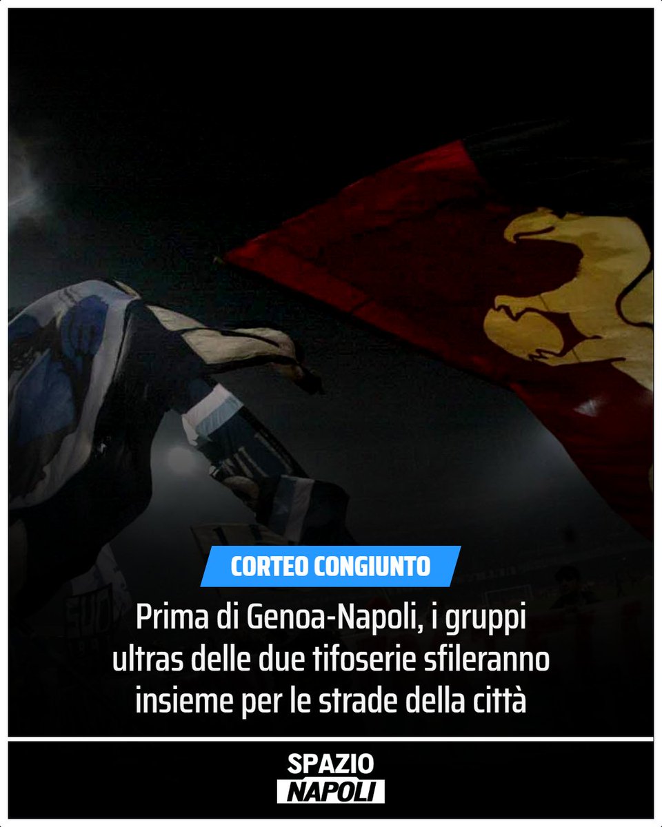 Spazio_Napoli's tweet photo. Uno dei gemellaggi più belli e lunghi d'Italia sta per far rivivere emozioni uniche ai tifosi di Genoa e Napoli ❤️💙

Prima della partita di sabato, i gruppi ultras delle due tifoserie sfileranno insieme per le strade della città in un corteo congiunto🤝

Una notizia confermata delle autorità locali che hanno predisposto una serie di disposizioni relative alla viabilità per preservare l'ordine pubblico 🛑

Il percorso del corteo toccherà questi punti: Piastre → Istria → Mandoli → Angeli del Fango → Bobbio → Monnet 📍

#SSCNapoli #GenoaNapoli #UltrasNapoli