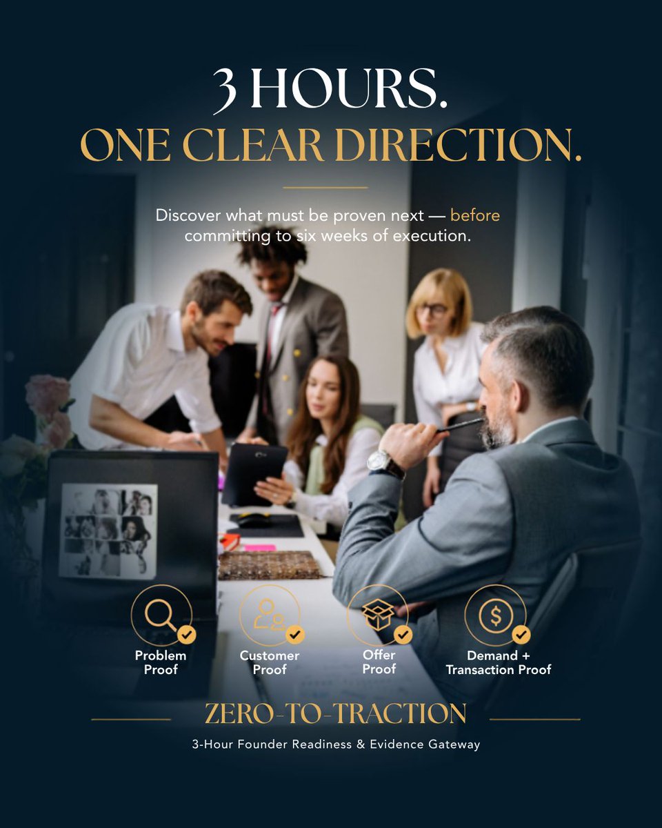 OrivonAdvisory's tweet photo. What if three focused hours could save you weeks of going in the wrong direction?

Before you build more, spend more, or scale more, determine what actually deserves to be proven.

HBM ZERO-TO-TRACTION™ takes founders through four critical areas:

Problem Proof → Customer Proof → Offer Proof → Demand + Transaction Proof

The goal isn't to create more activity.

It's to create readiness so you know what evidence is missing, what your next move should be, and whether the next program is right for you.

📅 September 1, 2026
⏰ 11:00 AM–2:00 PM
⏱️ 3 Hours
💰 $149

👉 Get Clear on Your Next Move: https://t.co/8G6CKVpGTA 

#StartupStrategy #FounderClarity #StartupGrowth #MarketProof #ZeroToTraction