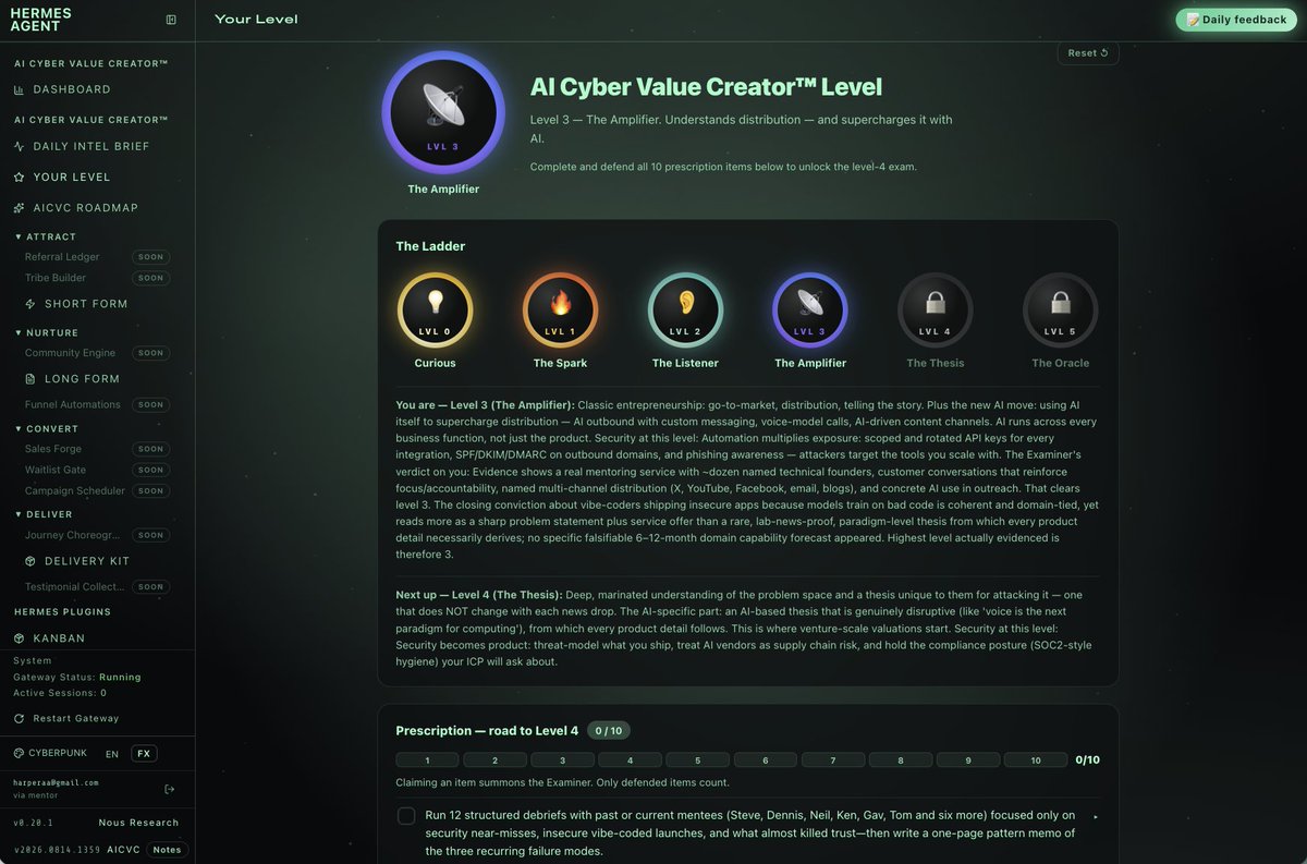 allenharper's tweet photo. What level of AI builder are you?

Level 1 — The Spark 🔥 one idea, no distribution
Level 2 — The Listener 👂 real customers reshape the idea
Level 3 — The Amplifier 📡 AI supercharges your go-to-market
Level 4 — The Thesis 💎 an unfair conviction that doesn't wobble
Level 5 — The Oracle 🔮 builds NOW for what lands in 6–12 months

My system doesn't let you self-grade. It interviews you, places you, and prescribes the next jump.

Most people test a level lower than they think.

Live placement Saturday, noon EDT. Comment "IN", if you plan to attend, link in bio.