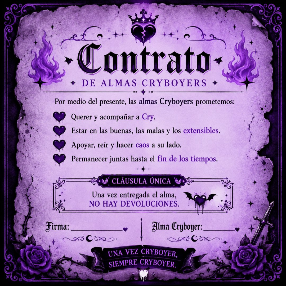 NinasInframundo's tweet photo. ATENCIÓN,CRYBOYERS  

El contrato está sobre la mesa.
Firmar es voluntario… arrepentirse NO 

Para firmar oficialmente solo responde este post con:

Usuario / Nombre
FELIZ CUMPLE XCRY
#CryCum27

La letra pequeña dice que no hay devoluciones

Una vez Cryboyer siempre Cryboyers🖤 https://t.co/CCZILqumR1