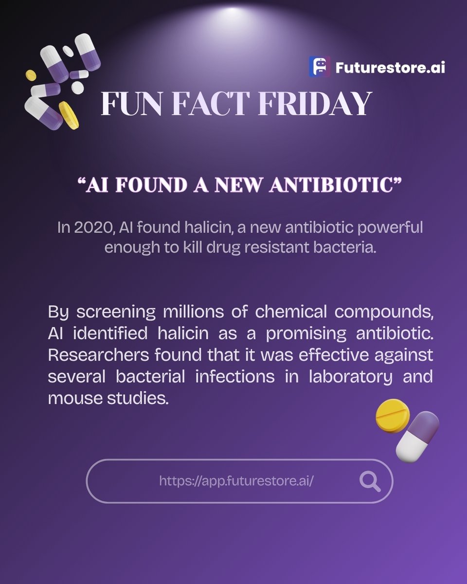futurestore_ai's tweet photo. 💊 AI helped discover halicin, a promising antibiotic, by screening millions of chemical compounds.
One search. Millions of possibilities.
🔎 Explore more with https://t.co/yLJGHa2HWZ
#FunFactFriday #FSAI #AI #Halicin https://t.co/KAr0fjvP1I