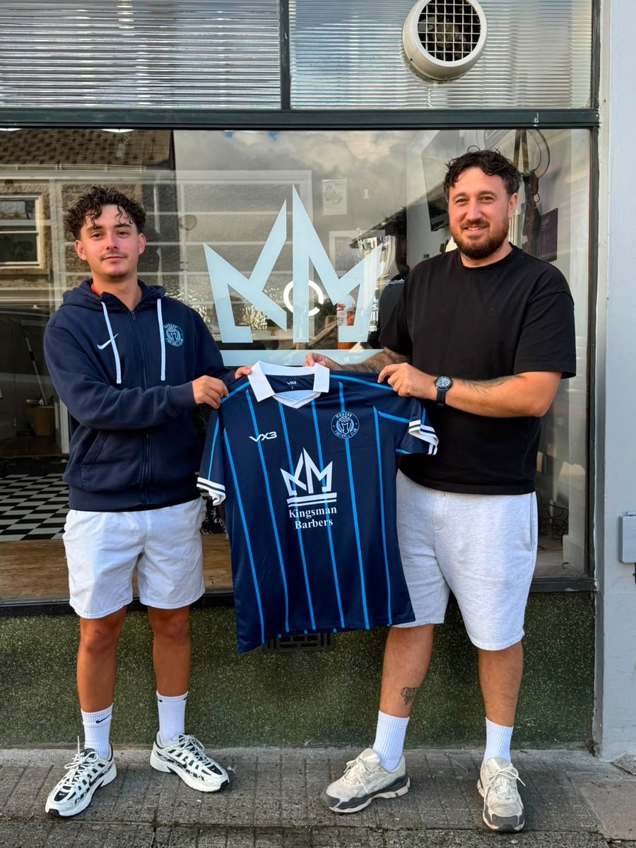mawganfc's tweet photo. A massive thank you to Kingsman Barbers in Helston for sponsoring our new home kit.T Not only do you make sure the lads look fresh off the pitch, now making them look the part on it. Pictured is Lee Richmond of Kingsman Barbers with Mawgan Chairman Harry Price @kingsmanbarber https://t.co/DkHBNowB61