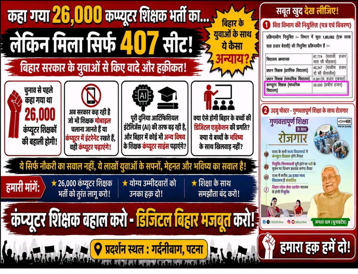 Naveenyadav76's tweet photo. #26000computer_Teacher
शिक्षा मंत्री ने विधान सभा में कहा था कि सभी मध्यमिक विद्यालय 6-8 में कंप्यूटर शिक्षक की भर्ती होगी लेकिन अभी तक कोई चर्चा नहीं है इसीलिए bpsc Tre 4 में सामिल किया जाए 
@mkrtiwari_bjp @Sandeep_Saurav_ @samrat4bjp @yadavtejashwi @btetctet @BiharEducation_ https://t.co/d9IpFdK8Lt