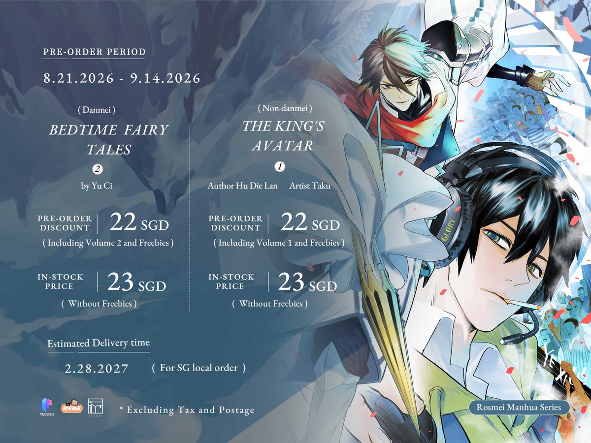 Rosmeihey's tweet photo. #Rosmeiannouncement #rosmeipreorder
Manhua Pre-order
Bedtime Fairy Tales Vol. 2
The King's Avatar Vol.1 (non-danmei)
🔗Purchase link:
https://t.co/iupc51YGlf
🔖For the synopses: https://t.co/yp2mapHexu
📃For the previews: https://t.co/YqpJqSPjiQ
💖Promo: We will draw 1 reader from retweet to gift Bedtime Fairy Tales Vol. 2 & The King's Avatar Vol.1 on Feb 28, 2027