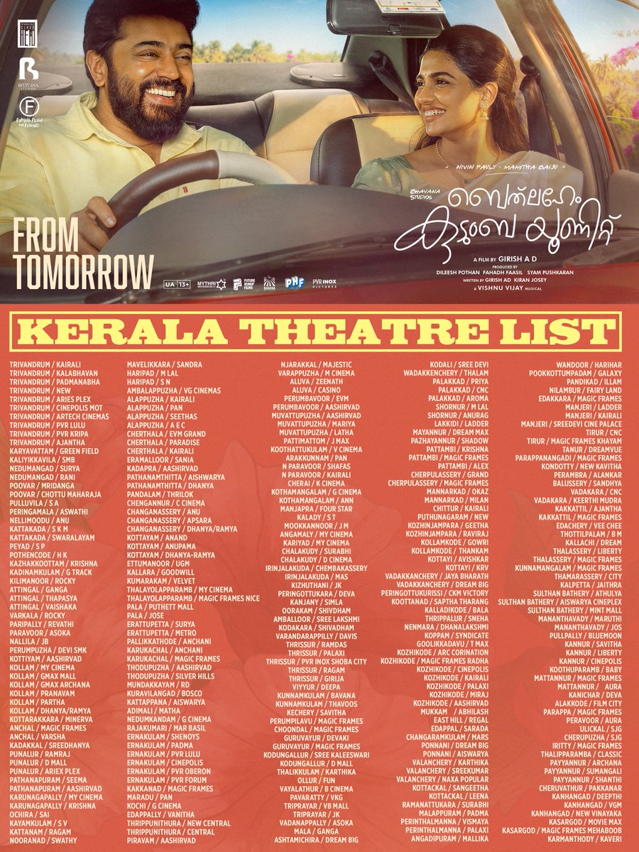 NivinOfficial's tweet photo. Bethlehem Kudumba Unit Kerala theater list 🎟️

In Cinemas from tomorrow ❤️

Book Now - https://t.co/bsXVtZNas9

 @_mamithabaiju @BhavanaStudios

#NivinPauly #MamithaBaiju #BethlehemKudumbaUnit #August21 https://t.co/nZOYZfff2e