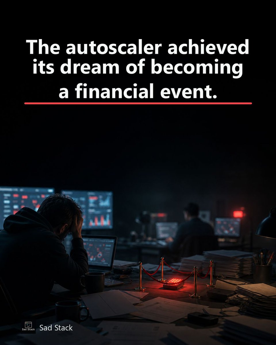 SadStackDev's tweet photo. The autoscaler achieved its dream of becoming a financial event. Finance joined the incident channel with root cause energy. #DevHumor #CloudCosts https://t.co/JccGCnj9hJ