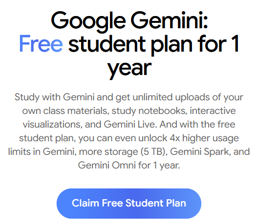 Pricerrors's tweet photo. STUDENTS GET GOOGLE GEMINI FREE FOR 1 YEAR

Eligible students can claim a FREE 1-year Gemini student plan.

Includes higher Gemini usage limits, 5 TB of storage, Gemini Spark, Gemini Omni, Gemini Live + more.

https://t.co/sQtN6CpUYD #ad