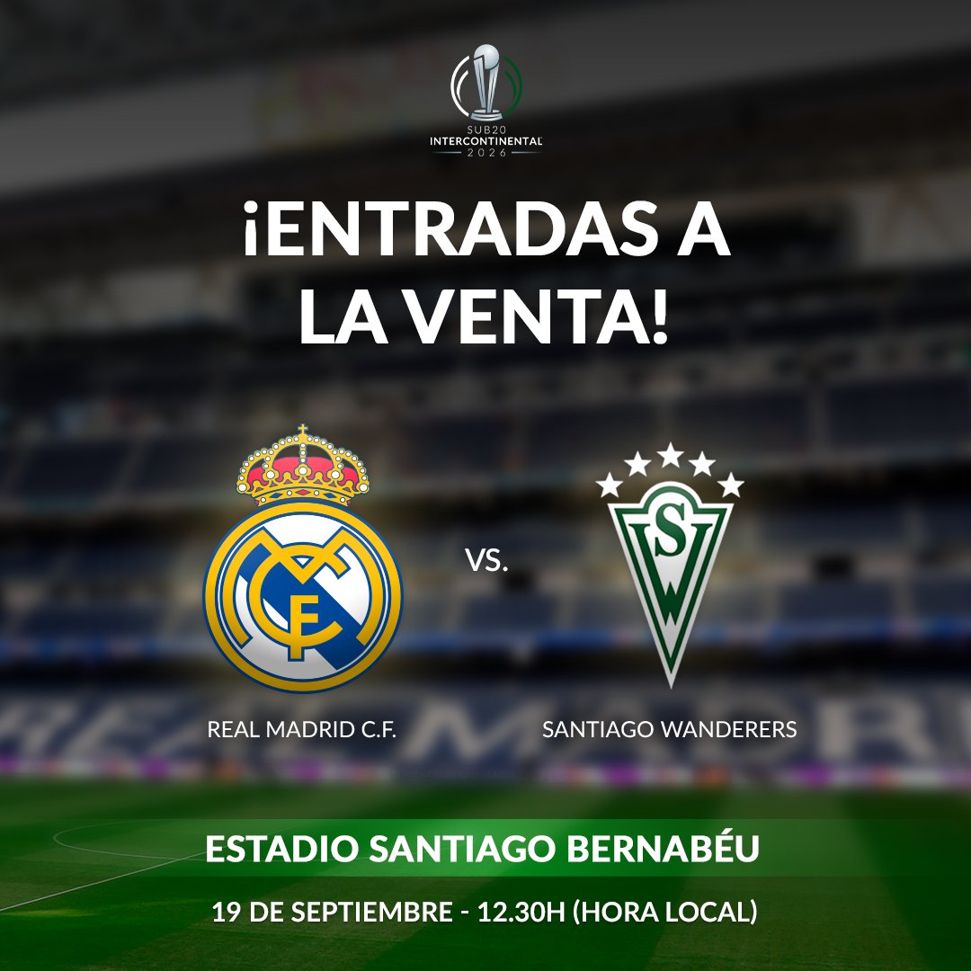 CONMEBOL's tweet photo. Santiago Wanderers y Real Madrid se enfrentarán por la CONMEBOL-UEFA Intercontinental Sub20 2026 🎟️