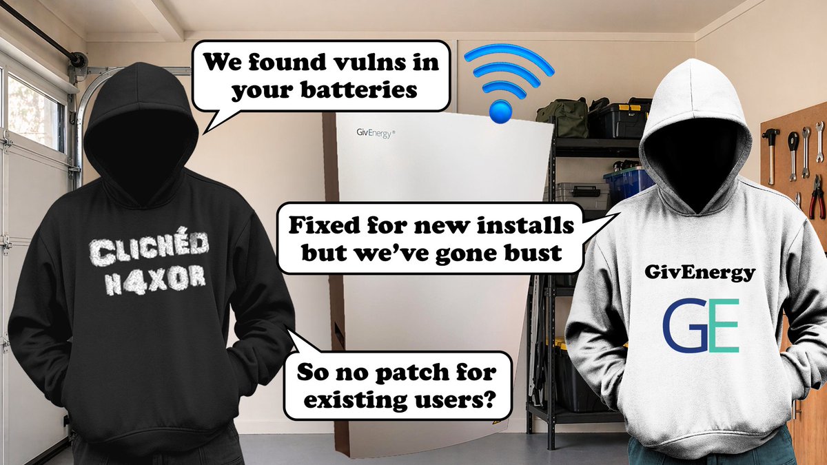 PenTestPartners's tweet photo. The battery itself is good. The networking decisions were not.

In 2015, we recovered a home Wi-Fi password from a connected kettle. Nearly ten years later, we found a GivEnergy home battery repeating the trick. But worse than that...

The kettle needed a deauthentication attack first. The battery did not. It was usually already connected to the customer’s home network, creating a much more direct backdoor.

The gateway exposed Telnet and other local services. Earlier installations recommended either 12345678 or the inverter serial number as the Wi-Fi password. The serial number is also broadcast in the SSID!

Once connected, we could recover the customer’s home Wi-Fi password and change how the battery behaved, including preventing it from charging. Given enough time, we could also potentially have affected the battery management system and caused the battery to overheat. We did not test this, for obvious reasons.

GivEnergy addressed the credentials used for newer installations. However, we never received a remediation plan for existing customers before GivEnergy Ltd entered administration.

That is the awkward reality of connected products. The manufacturer can enter administration while the hardware and its security problems remain in people’s homes.

We have published the full research and practical steps owners can take now.

📌 https://t.co/32pGsfDPM1

#IoTSecurity #HardwareHacking #ProductSecurity #PSTI #EnergySecurity