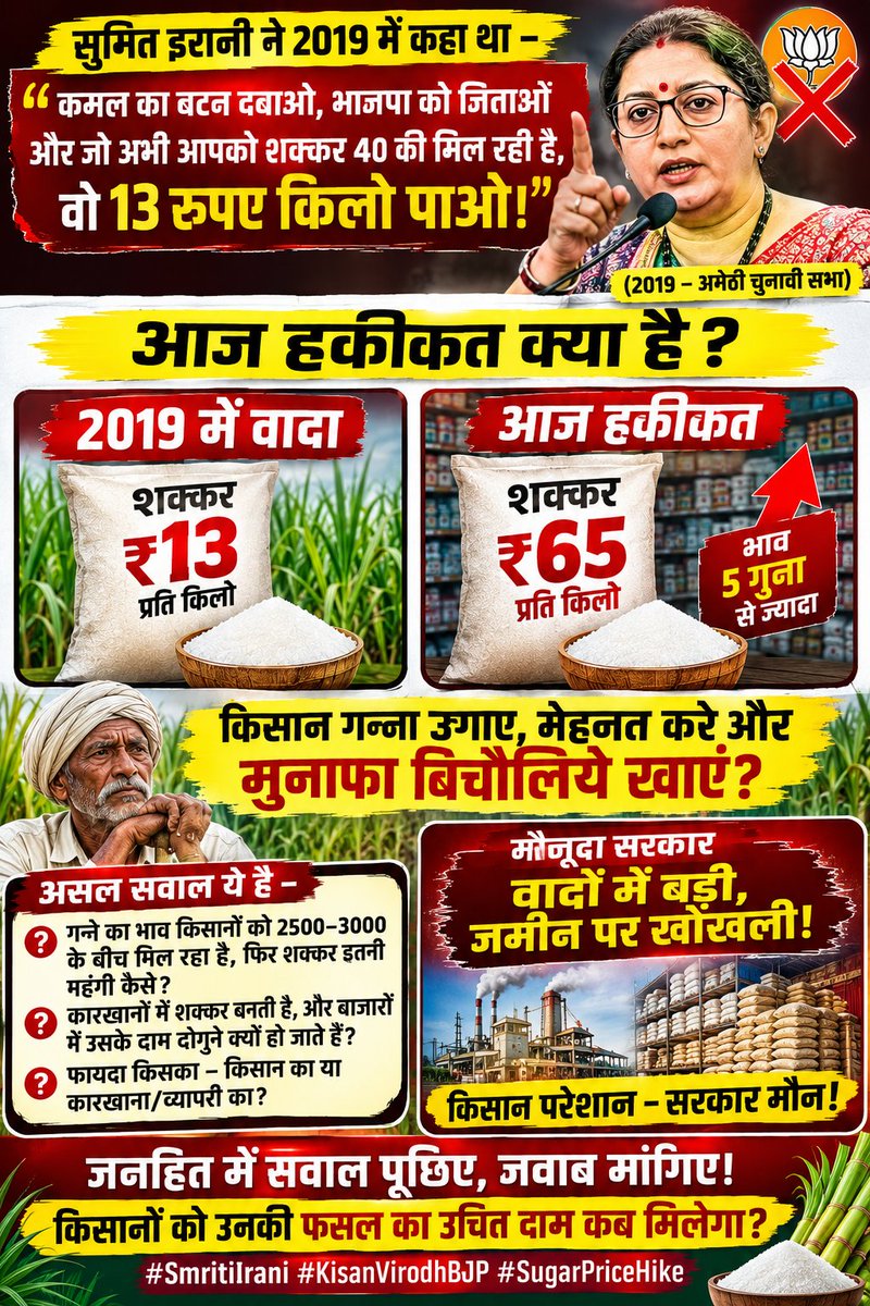 samudretushar1's tweet photo. @BJP4Gujarat 2019 में वादा ₹13 किलो शक्कर का था, और आज हकीकत ₹65 किलो की है! किसान मेहनत करे और मुनाफा बिचौलिये खाएं? जनता अब जाग चुकी है। 🌾❌ #SmritiIrani #KisanVirodhBJP #SugarPrice https://t.co/dnzipCmTg3