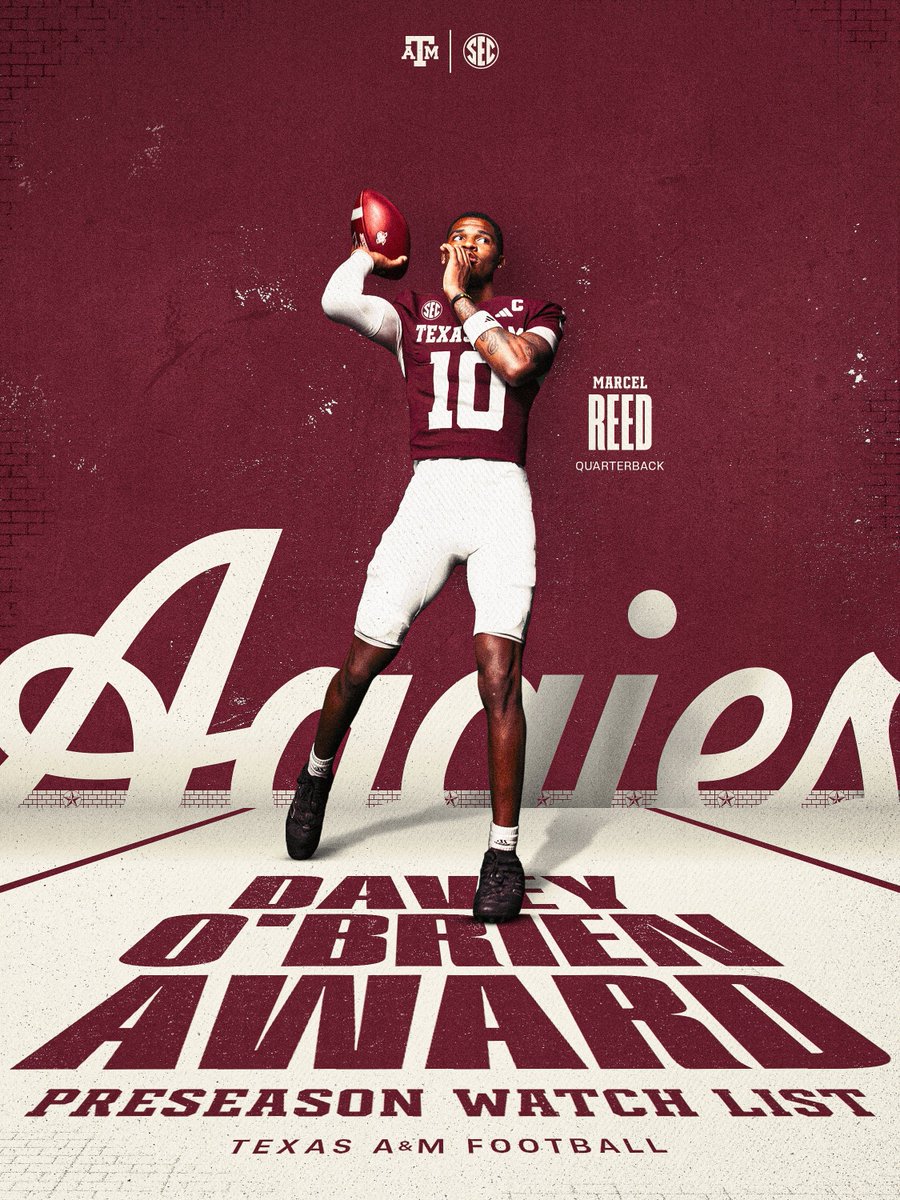 AggieFootball's tweet photo. Recognized for more than what he does on the field.

Named to the Davey O’Brien Award Watch List for excellence in skill, leadership, academics and character.

@Marcel10Reed | https://t.co/gvagMgIMaC https://t.co/wbGYh6faR4