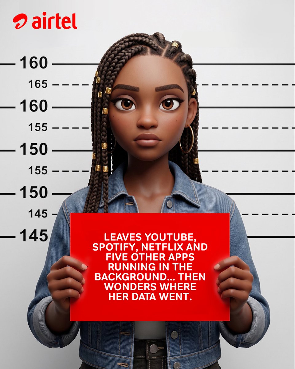 AirtelNigeria's tweet photo. Your data didn’t just disappear. 

It was last seen: 📱 Running in the background
🎬 Streaming in HD
🔄 Updating automatically
📲 Scrolling endlessly

Take control. Check your usage, limit background data &amp; switch off unnecessary auto-updates.

What’s your data crime? 👇🏾 https://t.co/m5aaGK2Ru0