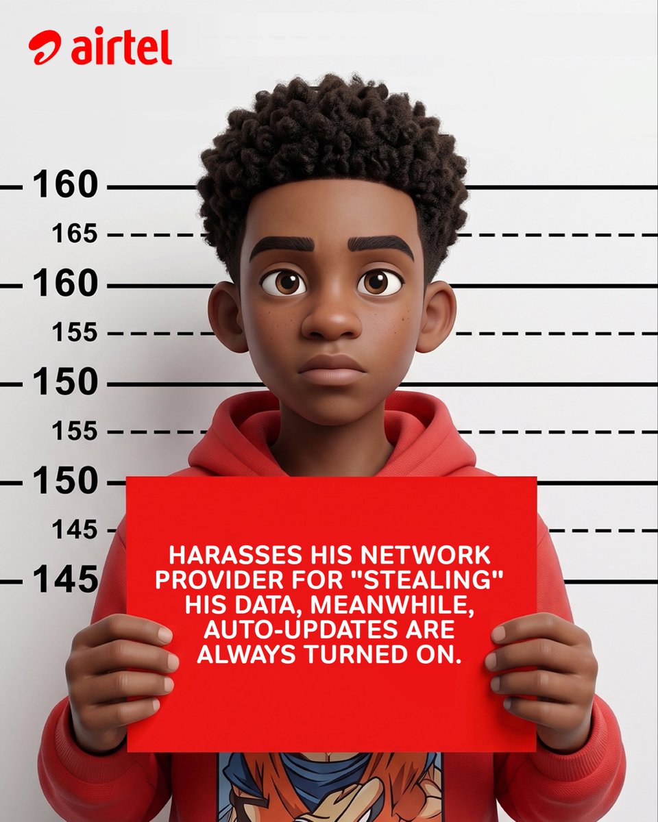 AirtelNigeria's tweet photo. Your data didn’t just disappear. 

It was last seen: 📱 Running in the background
🎬 Streaming in HD
🔄 Updating automatically
📲 Scrolling endlessly

Take control. Check your usage, limit background data &amp; switch off unnecessary auto-updates.

What’s your data crime? 👇🏾 https://t.co/m5aaGK2Ru0