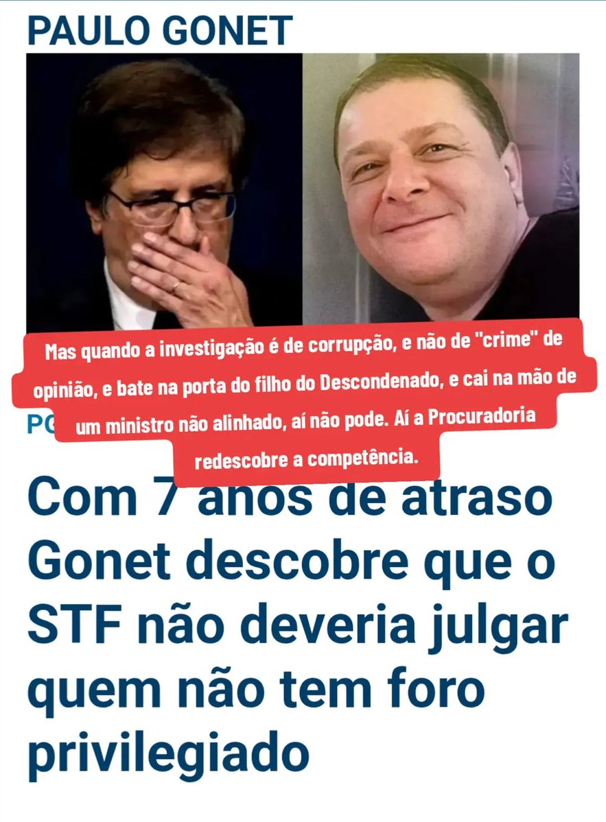 EnockFormiga's tweet photo. Procuradoria-Geral da República acaba de descobrir que o Supremo não deveria julgar quem não tem foro privilegiado. Descobriu com sete anos de atraso.
Desde 2019, com o inquérito das Fake News, aberto por portaria do próprio tribunal, sem provocação do Ministério Público e com relator designado sem sorteio, o Supremo investiga, acusa e julga brasileiros comuns. Influenciadores, empresários, jornalistas, blogueiros e aposentados. Só pelo 8 de janeiro já são mais de 1.400 condenados.

Raquel Dodge, então procuradora-geral, chamou aquilo de "verdadeiro tribunal de exceção". Foi ignorada. E a Procuradoria nunca mais insistiu.

Mas quando a investigação é de corrupção, e não de "crime" de opinião, e bate na porta do filho do Descondenado, e cai na mão de um ministro não alinhado, aí não pode. Aí a Procuradoria redescobre a competência.

Aí tem que mandar para a primeira instância, mesmo sendo altamente improvável que o caso não envolva pessoas com foro privilegiado. A própria Polícia Federal diz que a influência teria sido exercida junto ao Ministério da Saúde e ao gabinete da Presidência da República.

Vale lembrar que a Polícia Federal já havia tentado tirar o caso de Mendonça pedindo distribuição por sorteio. O sorteio deu Mendonça. Agora tentam pela outra porta.

A Justiça brasileira se transformou num aparato de proteção de aliados e perseguição a opositores.

Nada além disso.

@JornalDaCidadeO