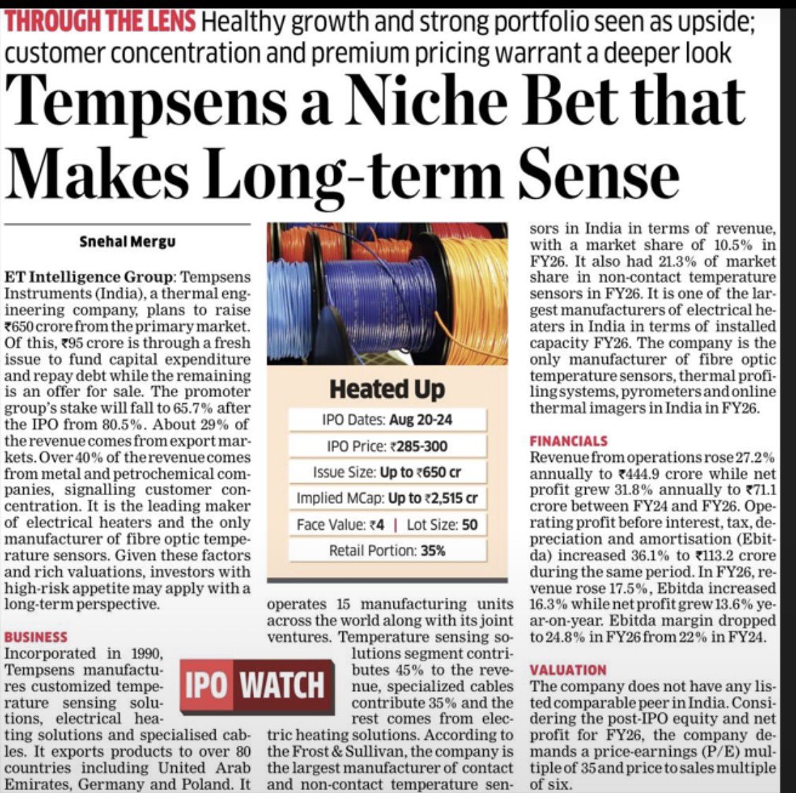 bishtmanoj1's tweet photo. TempSens IPO 👀 | Niche business, strong growth

₹444 Cr FY26 revenue | ₹71.1 Cr PAT | 31.8% PAT CAGR
Leading player in temperature sensors &amp; electrical heaters, but premium valuation and customer concentration remain key risks.

#TempSens #IPO #IPO2026 #StockMarket  #ipowatch https://t.co/kLwvPRPNjl