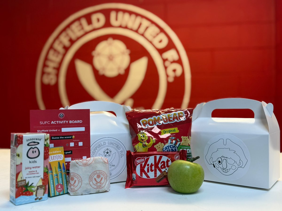 SUFCServices's tweet photo. Blades Kids Boxes will be on sale for our next home match against Bolton Wanderers. 🧃

This is what is included:
1x homemade sausage / cheese roll, juice, activity card, crayons, KitKat, Pombears and apple all for £5.50 https://t.co/bEOkAyKyMs