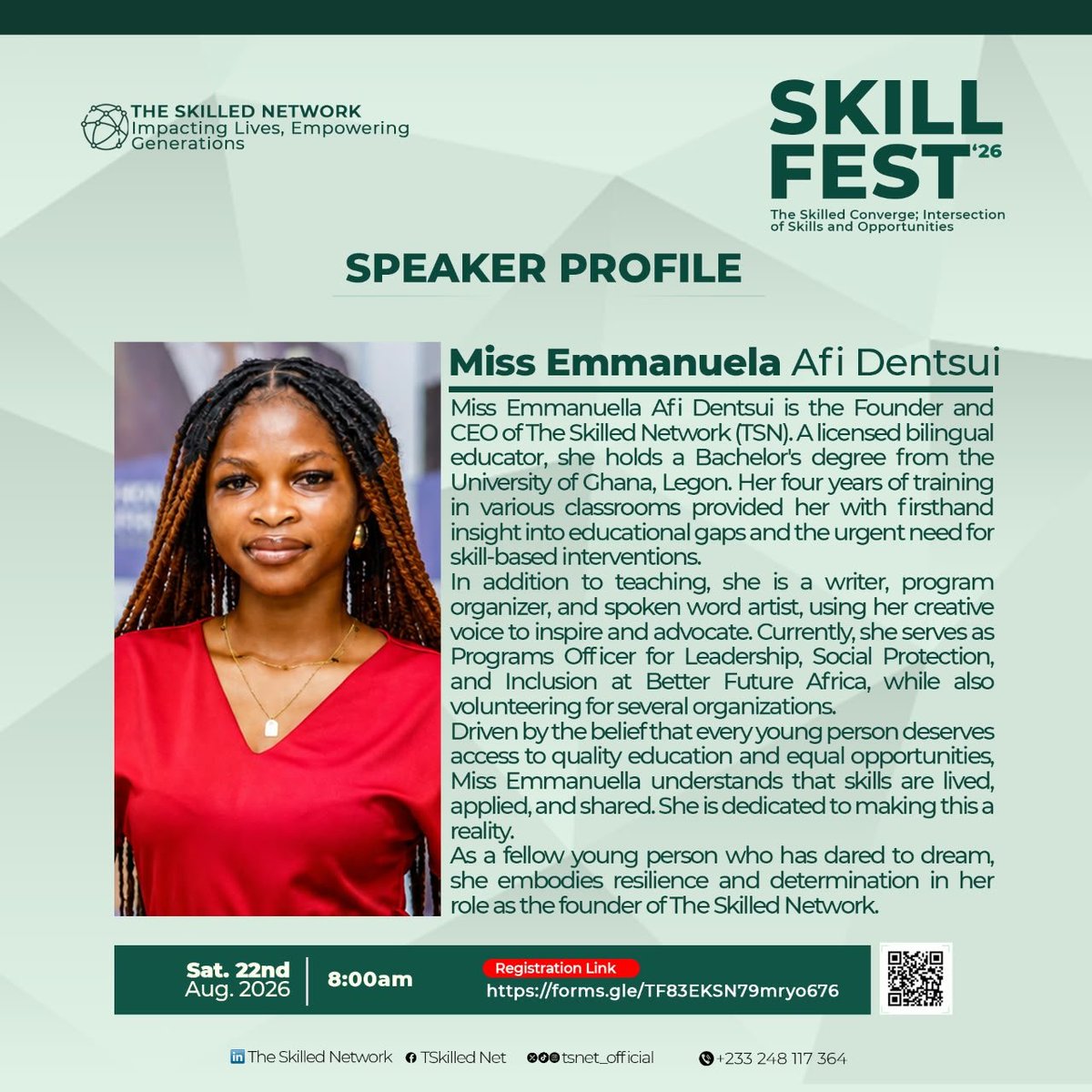tsnet_official's tweet photo. 2 DAYS TO GO! ⏳💚

𝑴𝑬𝑬𝑻 𝑶𝑼𝑹 HOST— 𝑴𝑰𝑺𝑺 @Afyah_4Christ
Founder &amp; CEO, The Skilled Network. Educator. Writer. Programme Organizer.
TSN SKILLFEST ’26 IS ALMOST HERE!!

🔗 Register Now: https://t.co/HLNfCCbgL1

#SkillFest26 #2DaysToGo #TheSkilledNetwork https://t.co/VzPbO5YmsR