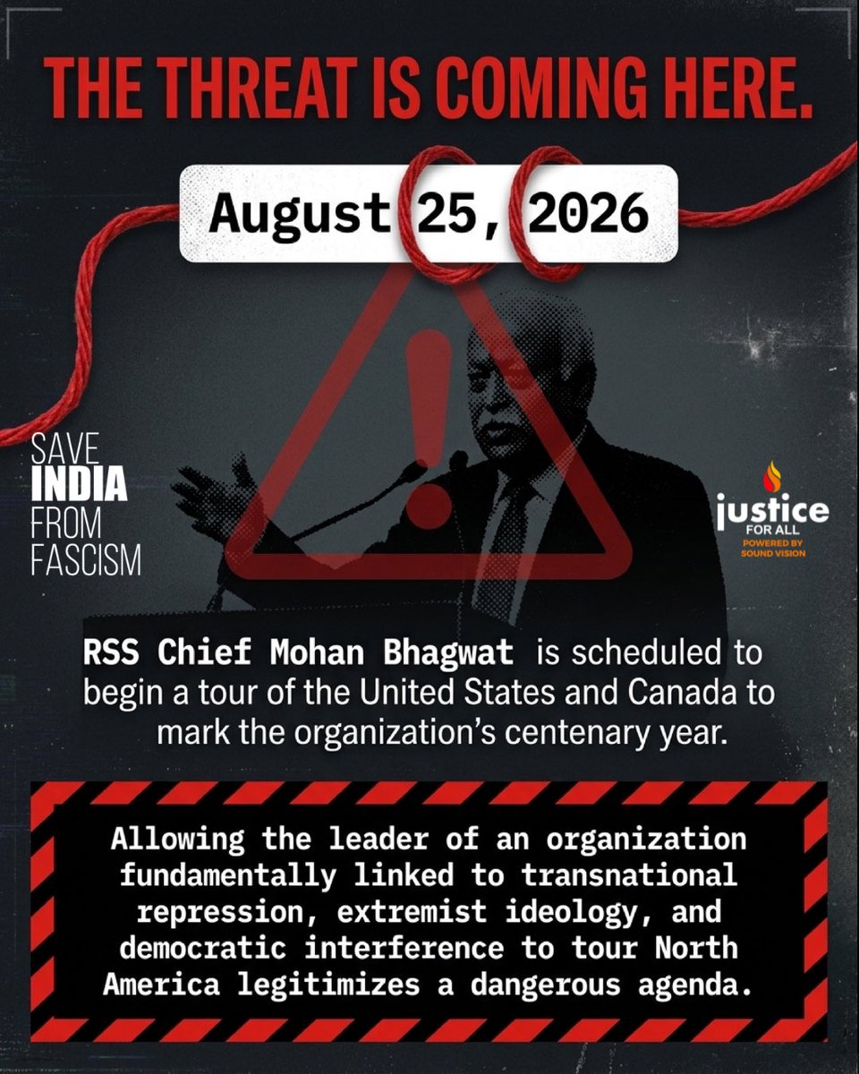 JFAorg's tweet photo. 🚨 Urgent Action Needed: Oppose RSS Chief Mohan Bhagwat’s North American Tour 🚨

Intelligence and national security findings have exposed the serious, ongoing threat of foreign interference and transnational repression targeting diaspora communities in both Canada and the United States. The RSS and BJP actively promote a right-wing Hindutva ideology that carries devastating human rights implications for religious and ethnic minorities. 

With RSS Chief Mohan Bhagwat scheduled to begin a tour of Canada and the U.S. on August 25, 2026, it is vital that we stand up to protect our democratic institutions and safeguard vulnerable communities. 

Do not stay silent. Take a stand and email your representatives today to oppose his visit! ⬇️

🇨🇦 In Canada?
Send an email to your Member of Parliament here: https://t.co/PIVuks29vC

🇺🇸 In the United States? 
Send an email to your representative here: https://t.co/7cEphUTEau
