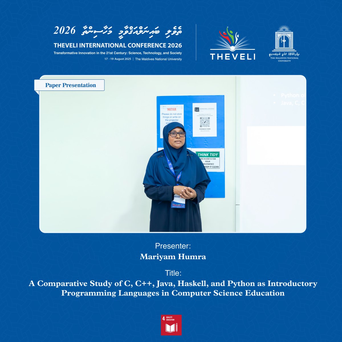 MNUedu's tweet photo. Theveli International Conference 2026 | Paper Presentations 
Day 1 (18th August 2026)
#Theveli #MNU #NationBuildingSince1973 #1UniversityInTheMaldives https://t.co/gAIEh5waWG