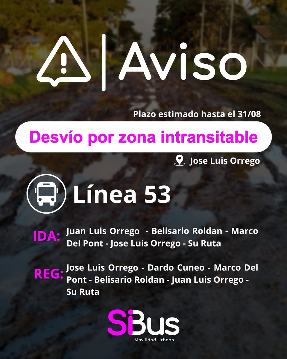 sibuscba's tweet photo. #InfodeServicio ℹ️
🚧Desvíos vigentes por zona intransitable.
#TransporteUrbano #Cordoba https://t.co/8zi39ZBmkL