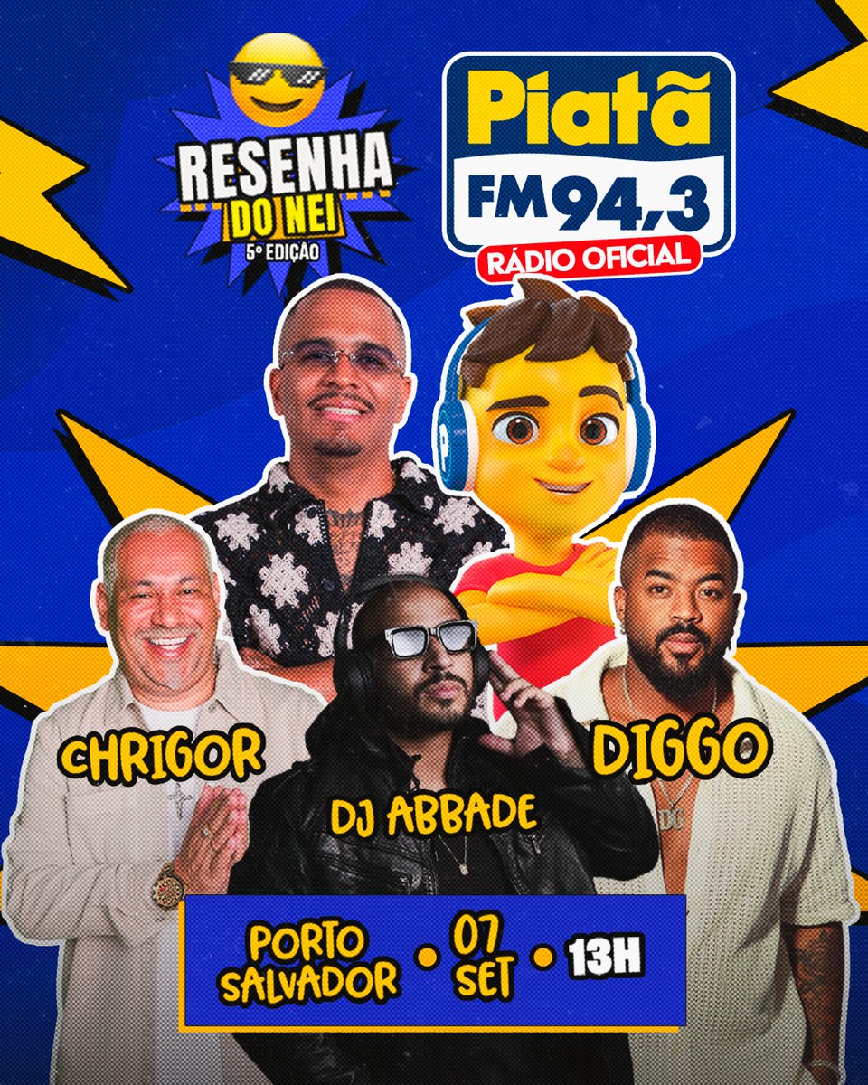 PiataFM's tweet photo. A RESENHA TÁ GARANTIDA! 😎🔥

A Piatã FM é Rádio Oficial da 5ª edição da Resenha do Ney e vai chegar junto nesse encontro que promete daquele jeito! 
No comando, Chrigor, DJ Abbade e Diggo, trazendo música, energia e muita resenha pro Porto Salvador! 

#PiatãFM #RádioOficial https://t.co/SDqvSkLg2U