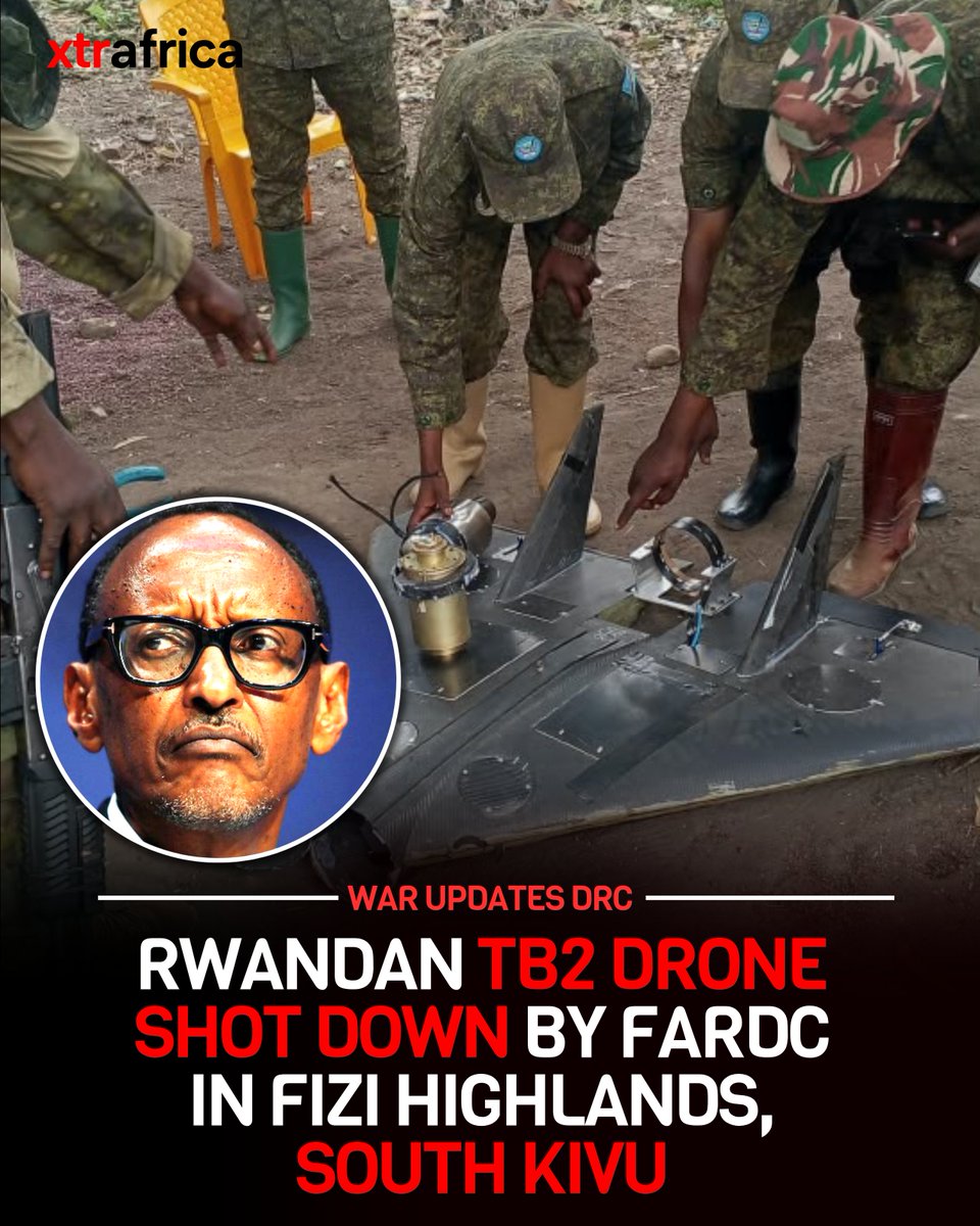 xtr_africa's tweet photo. #UPDATES: 🇨🇩 Rwandan TB2 Drone Reportedly Shot Down by FARDC in Fizi Highlands

The FARDC says it shot down a Bayraktar TB2 drone over Mulima in the Fizi Highlands, South Kivu, on August 20, attributing the aircraft to Rwanda or Rwanda-linked forces.

According to Congolese military and local accounts, the drone was reportedly conducting reconnaissance or combat operations when FARDC air defenses brought it down. Images said to show the wreckage are now circulating online.

The reported shootdown comes just a day after FARDC accused Rwanda of using two TB2 drones to bomb the Mwalu Hotel in Fizi-Centre, an attack Congolese military officials said seriously injured two people and caused significant damage.

The incident comes amid continued fighting in the Fizi and Minembwe highlands and repeated Congolese accusations that Rwanda is providing military support to AFC/M23 and allied forces.

🇨🇩 FARDC is presenting the reported interception as a successful defense of Congolese territory amid the growing use of drones in the eastern DRC conflict.
