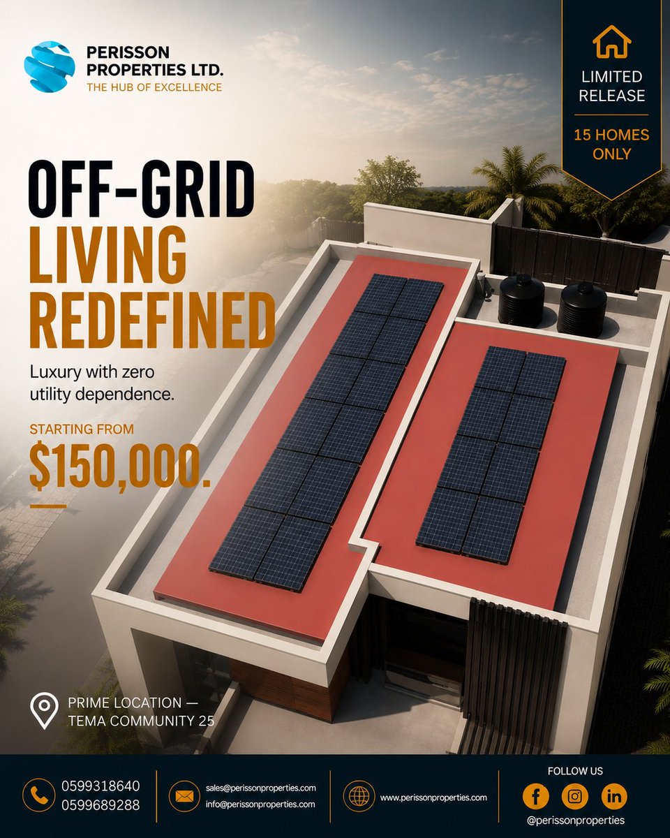 perissonpropt's tweet photo. Off-grid living, redefined. A home designed for comfort, independence and long-term value, right in Tema Community 25.

Ready to make the move? Contact Perisson Properties today to learn more or secure your unit.

#PerissonProperties #FosuaGardens #OffGridLiving #TemaCommunity25 https://t.co/wReT8uDvJV