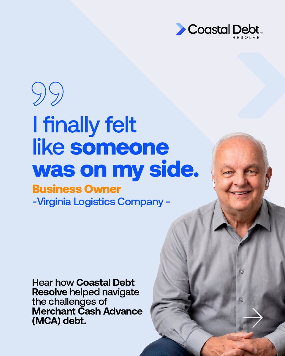 Coastal_Debt's tweet photo. Every business owner's story is different.
For this Virginia logistics company, Merchant Cash Advance (MCA) payments created financial challenges that affected day-to-day operations.

In this testimonial, the business owner shares their experience working with Coastal Debt Resolve from the challenges they faced to the support they received throughout the process.

Watch the full story to hear it in their own words. 
https://t.co/fBvVKML9zw

#CustomerTestimonial #LogisticsIndustry #MerchantCashAdvance #MCADebt #BusinessDebt #CashFlowManagement #SmallBusinessOwner #BusinessFinance #FinancialEducation #CoastalDebtResolve

Testimonials reflect individual business experiences. Results vary and are not guaranteed. Results depend on individual business circumstances, creditor participation, and other factors.