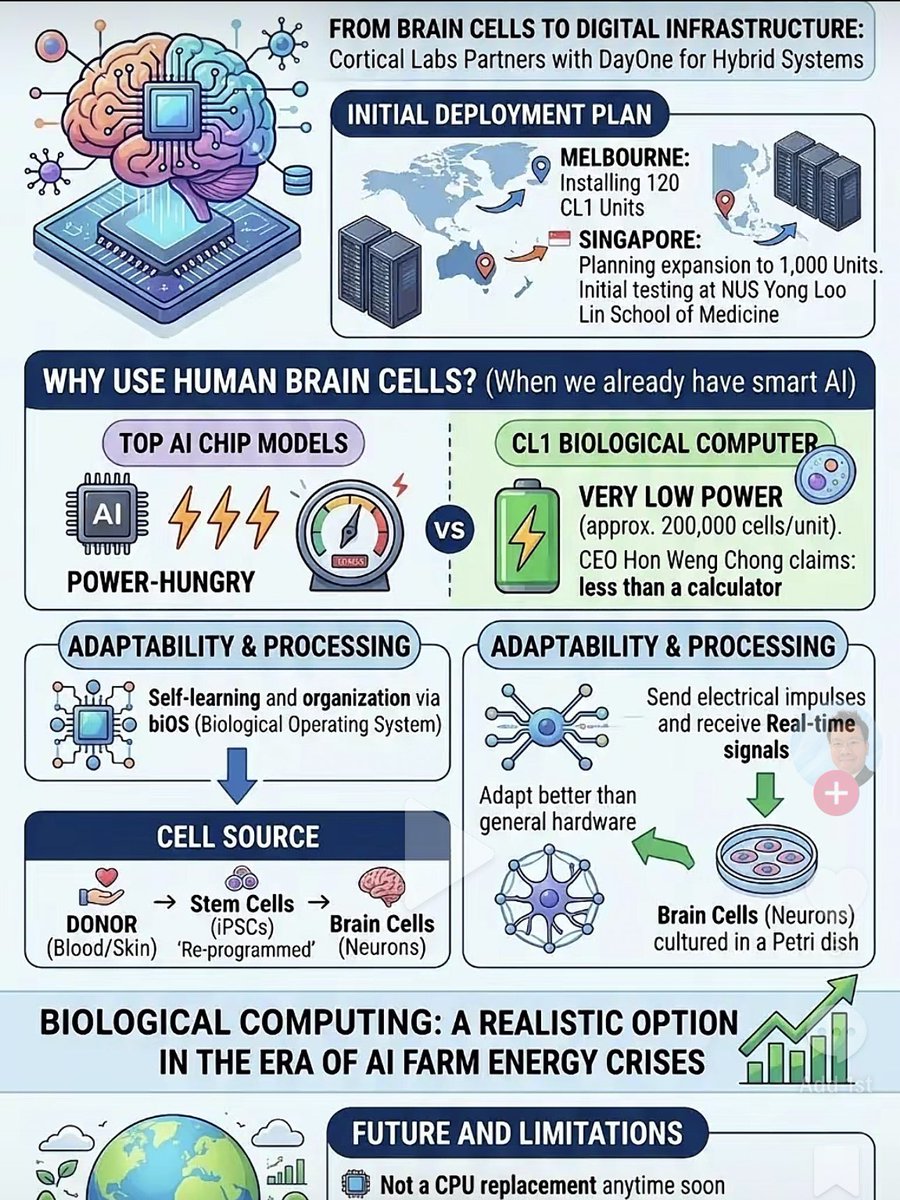 nilosarraf's tweet photo. Cortical Labs partners with DayOne to create Synthetic Biological Intelligence / Wetware), growing living human brain cells on top of silicon microelectrode arrays to perform computation!! https://t.co/hkZJFoRR0h
