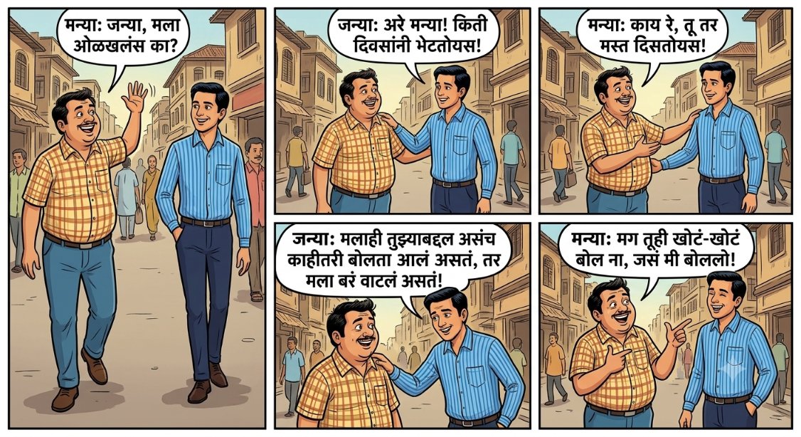 Rahul009's tweet photo. मन्या: जन्या, मला ओळखलंस का?
जन्या: अरे मन्या! किती दिवसांनी भेटतोयस!
मन्या: काय रे, तू तर मस्त दिसतोयस!
जन्या: मलाही तुझ्याबद्दल असंच काहीतरी बोलता आलं असतं, तर मला बरं वाटलं असतं!
मन्या: मग तूही खोटं-खोटं बोल ना, जसं मी बोललो!

#marathijokes #funnymarathijokes #jokesinmarathi https://t.co/arQaYOja20
