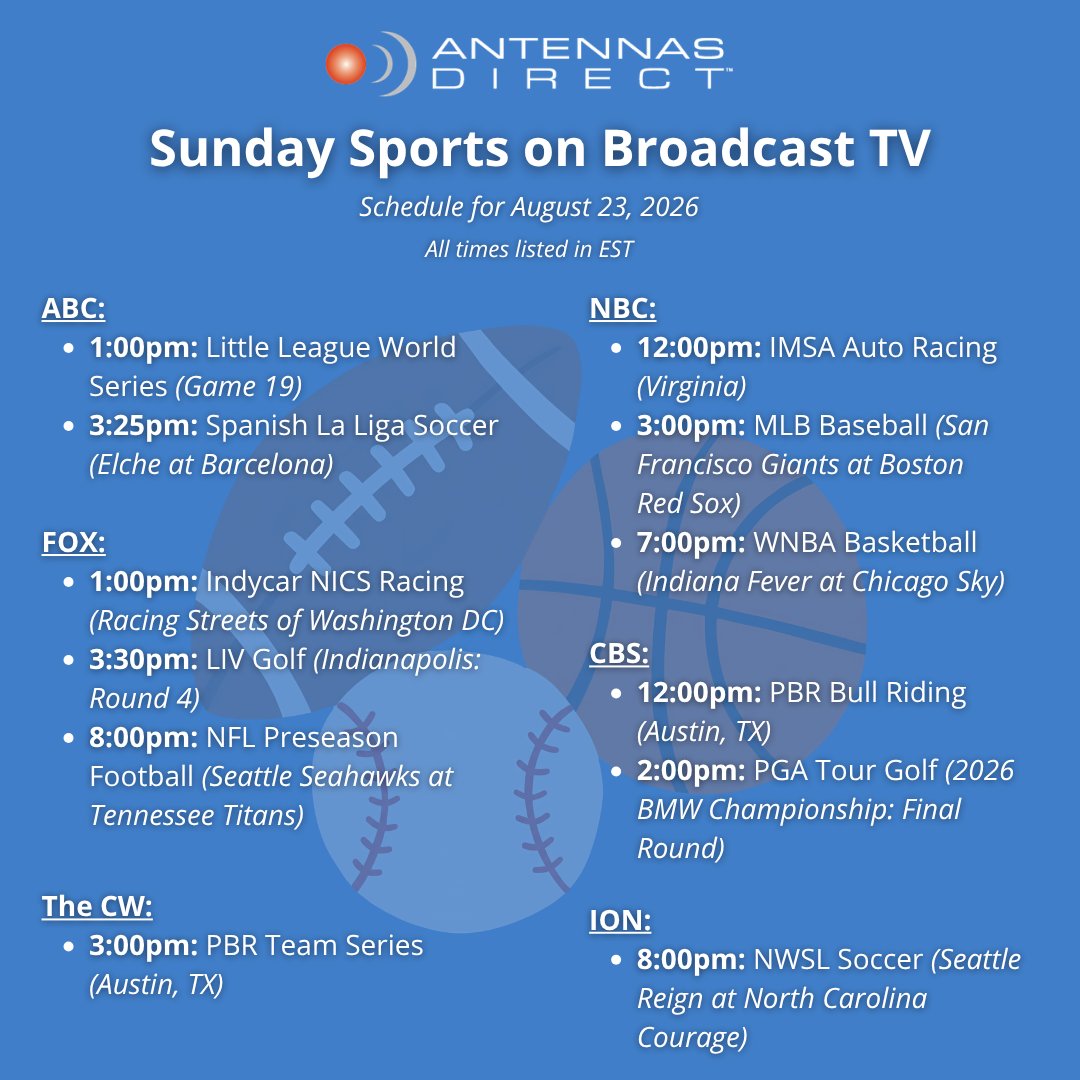Antennasdirect's tweet photo. Get in the game this weekend. Watch all these sports and more FOR FREE with your TV antenna! 🏈📺 https://t.co/zrLISYJQLI